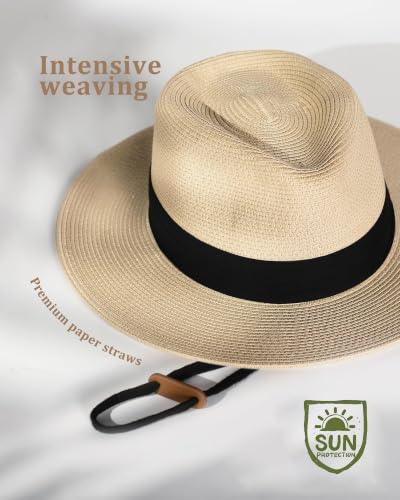 FURTALK Sun Hat Wide Brim Straw Fedora Panama Beach for Men Women - color: Black-beige, size: Medium-Large