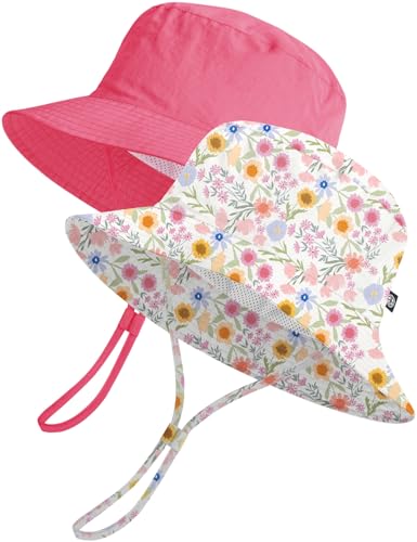 Toddler Bucket Hats UPF 50+ Baby Sun Hat Adjustable Kids Sun Protection Summer Hat Wide Brim Beach Hat for Boys Girls 0-6Y - color: Rose Red+flower, size: 2-6 Years