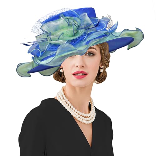 Kentucky Organza Derby Top Hats for Women Sun Visor Cap Ladies Flowers Bride Weeding Fascinators Wide Brim Fedoras - color: Royal Blue