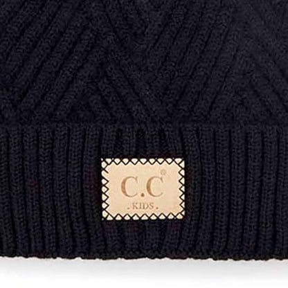C.C Kids' Suede Patch Snuggly Soft Warm Knit Pom Cuff Beanie - color: Criss Cross Faux Fur, Black