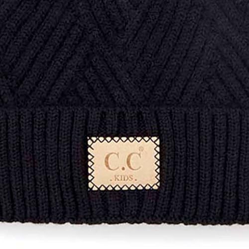 C.C Kids' Suede Patch Snuggly Soft Warm Knit Pom Cuff Beanie - color: Criss Cross Faux Fur, Black