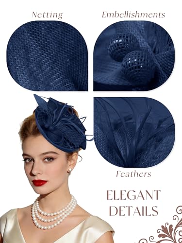 Women Fascinators Hats Tea Party Headband Hair Clip Feathers Hat for Wedding Cocktail Party - color: Navy