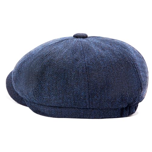 Men's Wool Newsboy Cap 8-Panel Tweed Taxi Hat Herringbone Gatsby Flat Hats - color: Navy Blue