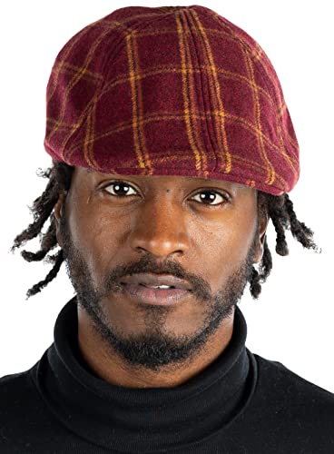 Funky Junque Men's Classic Wool Blend Newsboy Tweed Flat Cap - Stylish Vintage Hat - color: Burgundy Plaid W/ Orange Check, size: 7 1/4-7 5/8