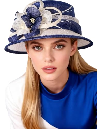 HIMESPORT Retro Sinamay Veil Flower Bride Wedding Fascinator Hat Feather Bowler Hat Hair Accessory Banquet Cocktail Party - color: Blue White