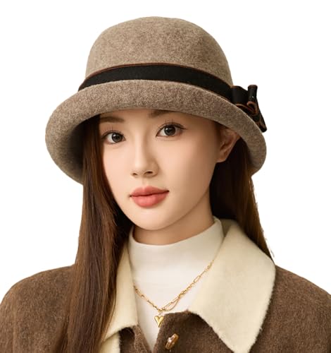 Women Vintage Felt Cloche Hats Winter Fall Solid Fedora Bucket Caps Elegant Bowler Hat Bowknot - color: Mocha
