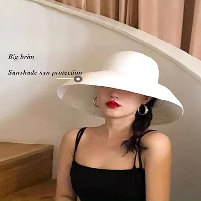 Women's Floppy Wide Brim Summer Beach Straw Hat UPF 50+ Sun Hat - color: White