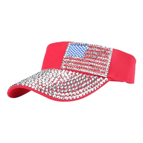 Shiny Rhinestones American Flag Sun Visor Hat Summer Outdoor Open Top Baseball Cap Adjustable Sparkly Party Headwear - color: American Flag - Red