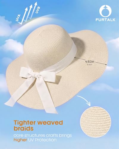 FURTALK Womens Sun Straw Hat Wide Brim Floppy Summer Beach Hats for Women - color: Beige With Beige Band, size: Large-X-Large