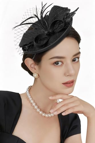 BABEYOND Fascinators Hats for Women Tea Party Pillbox Sinamay Derby Hat - color: Black