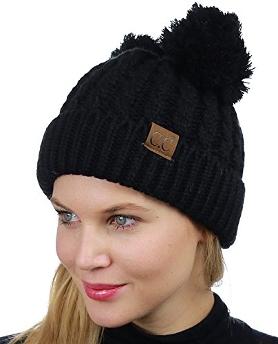 C.C 2 Ear Pom Pom Cable Knit Soft Stretch Cuff Skully Beanie Hat - color: Black
