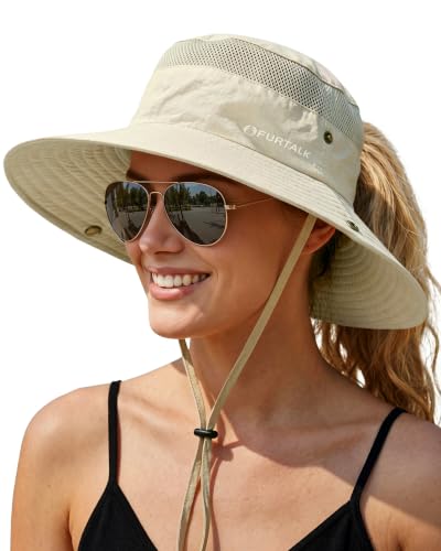 FURTALK Sun Hats for Women UV Protection Wide Brim Ponytail Hiking Hat - color: Green