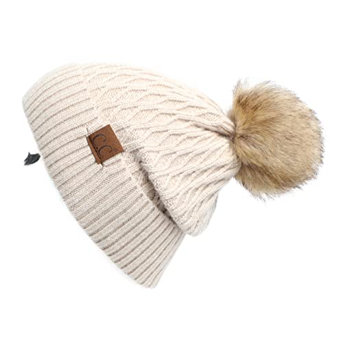 C.C Hatsandscarf Exclusives Unisex Solid Ribbed Beanie with Pom (HAT-43) - color: A Honey Comb Pattern(rayon)-beige