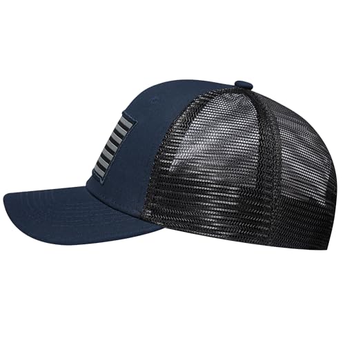 American Flag Trucker Hat, Patriotic Baseball Cap for Men & Women, Breathable Mesh Adjustable Snapback, USA Flag Patch - color: Navy/Black