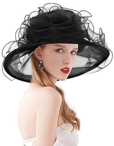 Z&X Organza Church Fascinator Wedding Tea Party Derby Hats for Women Flower Wide Brim Sun Hats - color: 034 Black
