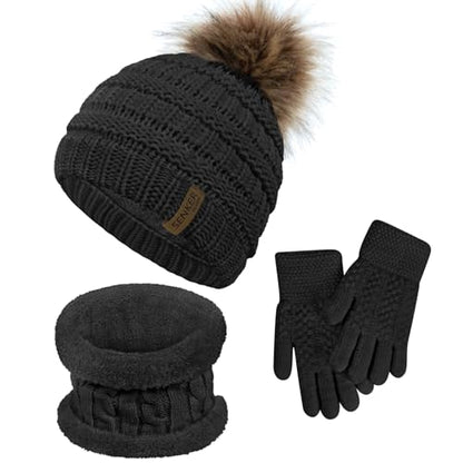 Kids Winter Hat Gloves Scarf Set, Boys and Girls Beanie Hat - color: Black