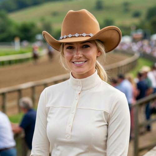 DRESHOW Women's Western Cowboy Hat Rhinestone Cowboy Cowgirl Hat Glitter Wide Brim Felt Fedora Hats Unisex Rolled up Caps - color: 1 Pack Style 11: Camel
