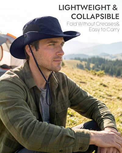 Sun Hats for Men Women UV Sun Protection Waterproof Wide Brim Bucket Hat - color: Navy Blue