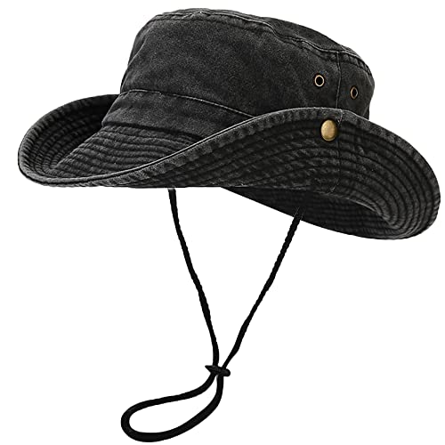 Unisex Cotton Boonie Hat Summer Fishing Bucket Hat Sun Hat with String - color: Retro Black