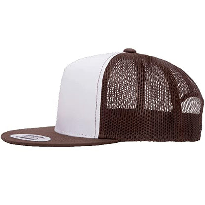 Yupoong 5-Panel YP Classic Trucker Cap | High Profile Flat Visor Snapback - color: Brown/White/Brown