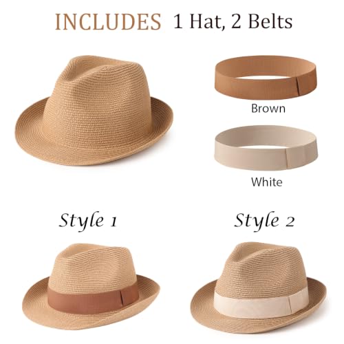 DRESHOW Women Straw Panama Hat Travel Fedora Beach Sun Hat Summer Wide Brim Straw Roll up Hat UPF 50+ - color: 1 Pc Roll Up Hat: Khaki + 2 Replaceable Bands（khaki, Beige)