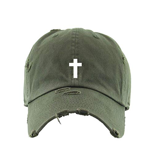 Cross Vintage Baseball Cap Embroidered Cotton Adjustable Distressed Dad Hat - color: Olive