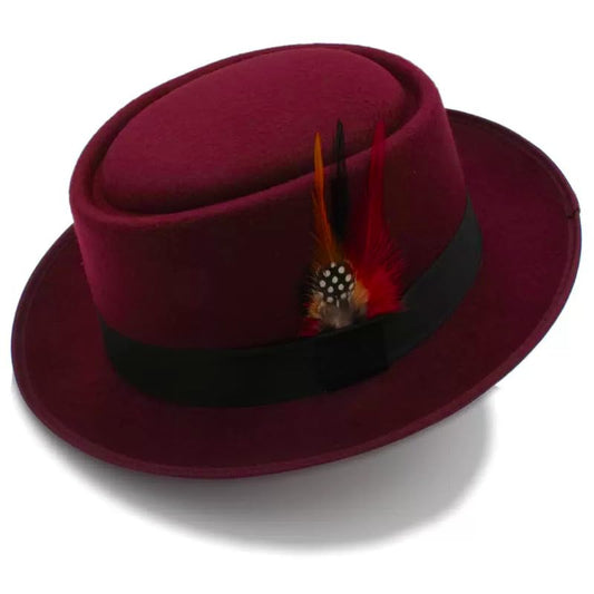 Classic Pork Pie Hat with Feathers Flat Top Fedora, Vintage Panama Hats, Warm Comfortable Jazz Cap - color: Dark Red