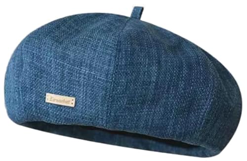 Women's Cotton Linen Beret Hat Vintage French Breathable Slouchy Beanie Cap Casual Painters Hat for Spring Summer - color: Blue