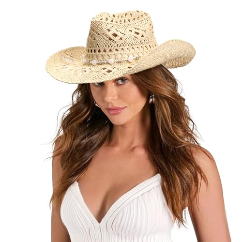 AQOKKA Straw Cowboy Hats for Women Men Western Cowgirl Hats with Shapeable Brim Woven Hollow Out Unisex Beach Roll Up Caps - color: Cowboy Hat : Beige