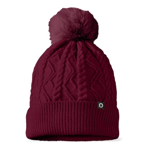 DALIX Cable Knit Pom Beanie Soft Stretch Skully Warm Fuzzy Faux Sherpa Winter Ski Beanie - color: Maroon
