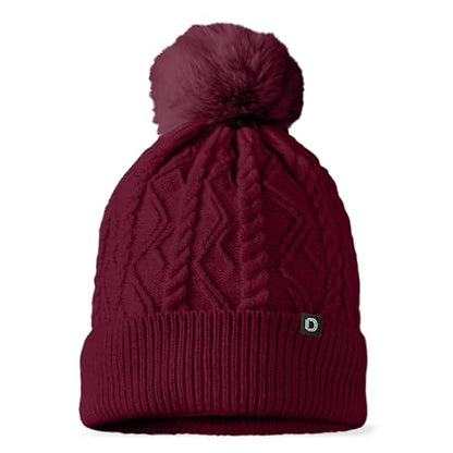 DALIX Cable Knit Pom Beanie Soft Stretch Skully Warm Fuzzy Faux Sherpa Winter Ski Beanie - color: Maroon