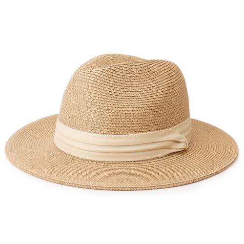 DRESHOW Women Straw Panama Hat Travel Fedora Beach Sun Hat Summer Wide Brim Straw Roll up Hats UPF 50+ - color: Fedora Hat: Kahki (Beige Ribbon)