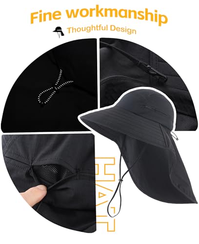Home Prefer UPF 80+ Sun Hat for Men Women Wide Brim Sun Hat with Neck Flap Summer Beach UV Protection Gardening Fishing Hat - color: Black