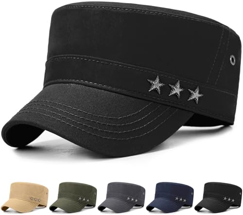 Initlove Cadet Army Cap Military Unisex Flat Top Hat for Men Women - color: Star Black