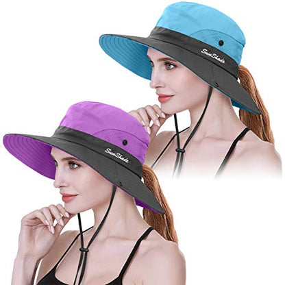 IYEBRAO 2 Pack Womens Ponytail Sun Hat UV Protection Bucket Hats Foldable Wide Brim Summer Boonie Beach Cap Fishing Hiking… - color: Purple & Sky Blue