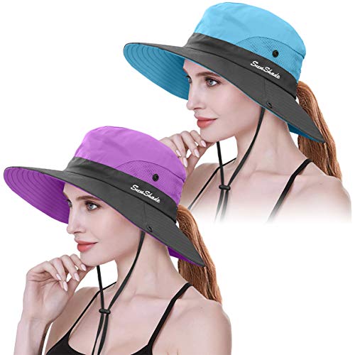 IYEBRAO 2 Pack Womens Ponytail Sun Hat UV Protection Bucket Hats Foldable Wide Brim Summer Boonie Beach Cap Fishing Hiking… - color: Purple & Sky Blue