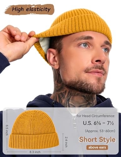 Fleece Lined Wool Short Fisherman Beanie Men Women Cuff Winter Hat - color: 1pc-yellow