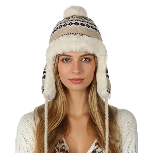 XGOPTS Women Winter Faux Fur Trapper Hat Warm Fleece Lined Beanie Cap Furry Pom Jacquard Knited Hats Knit Cossack Russian Hat - color: Beige