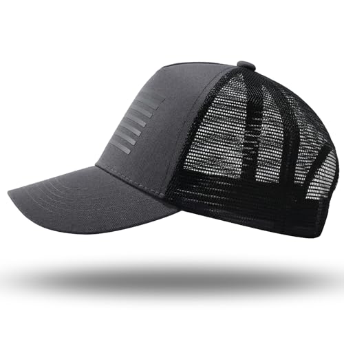 American Flag Trucker Hat - Snapback Hat, Baseball Cap for Men Women - Breathable Mesh Side, Adjustable Fit - for Casual Wear - color: Dark Gray/Black