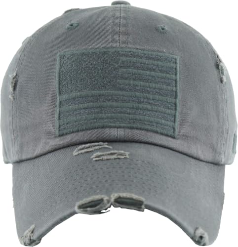 Funky Junque Distressed Baseball Cap, Vintage Embroidered Dad Hat - color: American Flag - Dark Grey