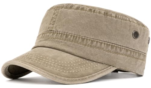 Military Cadet Army Cap for Men Women – Washed Cotton Vintage Adjustable Flat Top Hat - color: Khaki