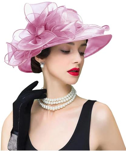 ORIDOOR Women's Organza Cloche Bowler Hat Derby Fascinator for Tea Party Bridal Wedding Hat - color: 011c1-purple Pink