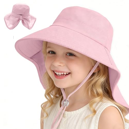 ZOORON Outdoor Kids Sun Hat with Neck Flap UPF 50+ Sun Protection Fishing Hat Wide Brim Summer Kids Beach Hats for Girls Boys - color: 1pack-pink