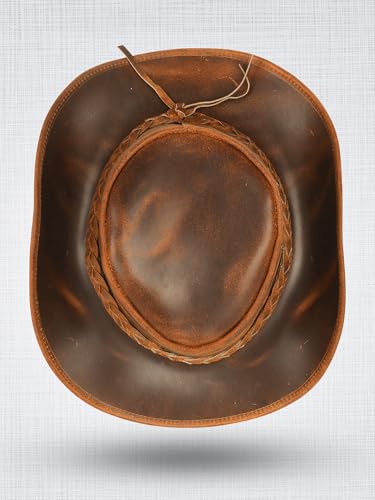 Genuine Leather Cowboy Hat for Men & Women – Western Outback Hat with Chin Strap & Sun Protection - color: Brown, size: X-Large