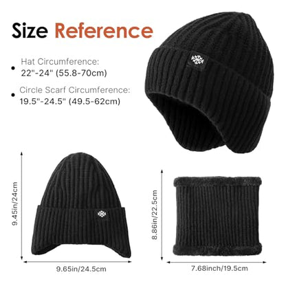 Trifabricy Winter Knit Hat Scarf Set, Fleece Lined Beanie and Neck Warmer - color: Black