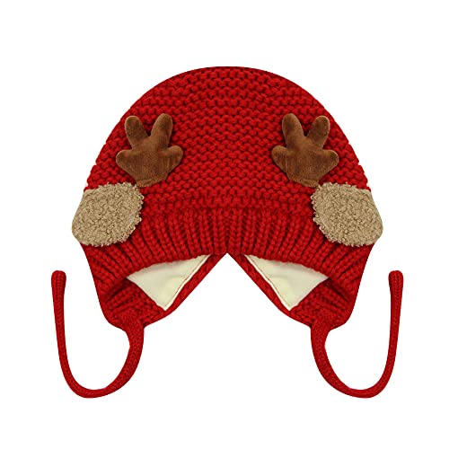 AIBEARTY Cute Deer Elk Antlers Baby Hat Winter Warm Plush Knitted Ear Warmer Bonnet Boys Girls Cap Beanie with Chin Strap - color: Red