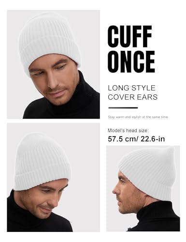 vidsel 50% Wool Double Cuff Beanie Hat for Men Women, Warm Winter Knit Cap - color: White