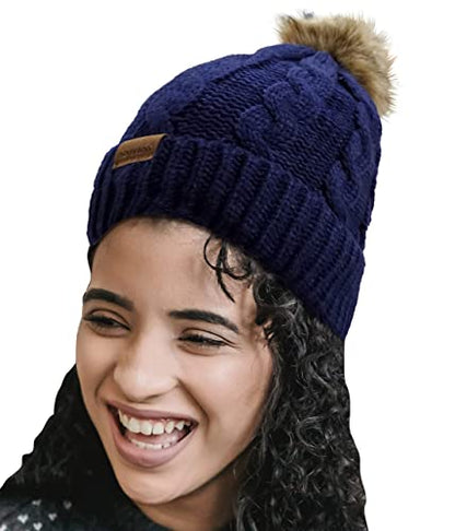 Novarena Thick Cable Knit Faux Fuzzy Fur Pom Fleece Lined Skull Cap Cuff Beanie - color: Navy Blue Pom Beanie