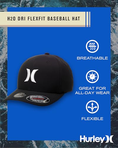 Hurley Mens Baseball Cap Curved Brim Moisture Wicking Flexfit Fitted Hats - color: Black/White, size: Large-X-Large
