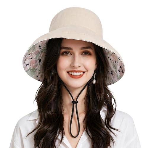 Womens Foldable Shapeable Brim Sun Hat UPF 50+ Cotton Wide Brim Beach Adjustable Chin Strap Hat Sun Protection Cap - color: Z5-beige